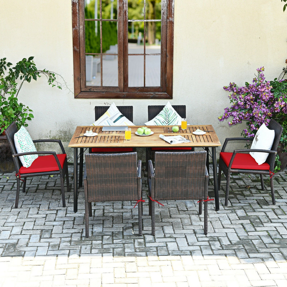 Juego de comedor de ratán acolchado de 7 piezas para patio con agujero para sombrilla