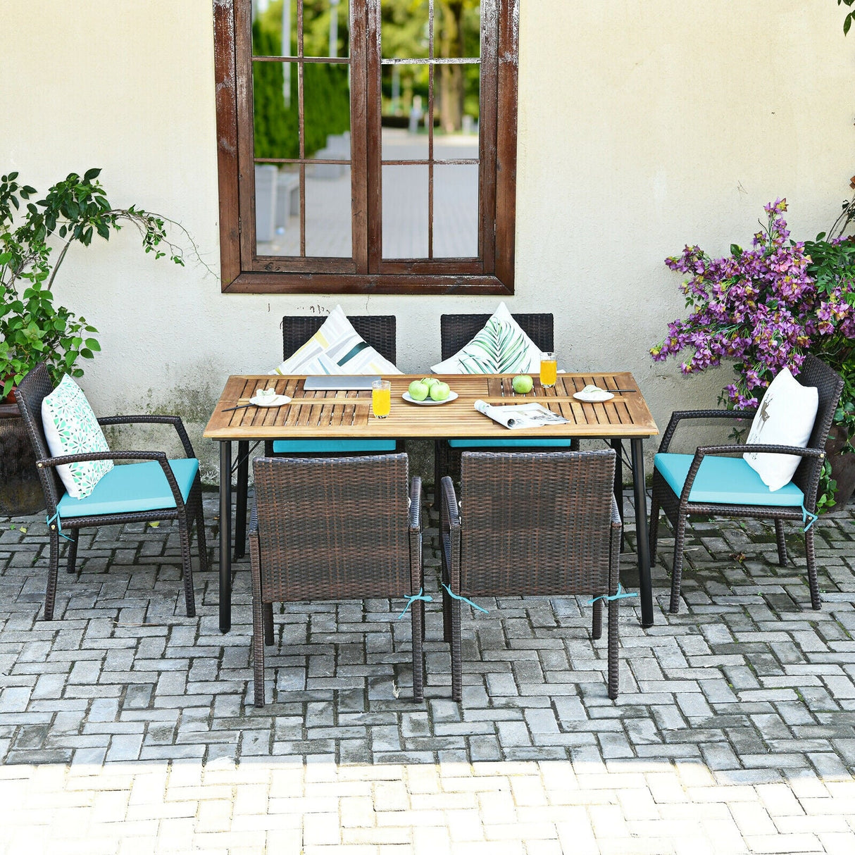 Juego de comedor de ratán acolchado de 7 piezas para patio con agujero para sombrilla