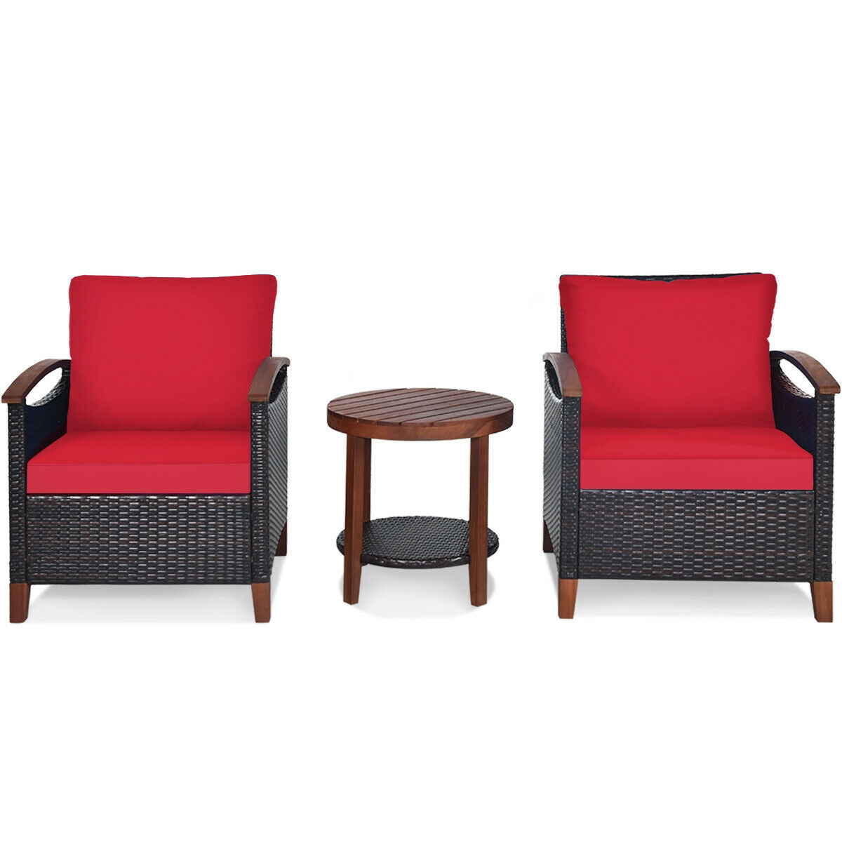Juego de muebles de patio de ratán de 3 piezas con cojines lavables y tablero de mesa de madera de acacia
