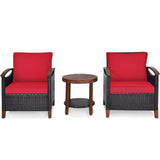 Juego de muebles de patio de ratán de 3 piezas con cojines lavables y tablero de mesa de madera de acacia