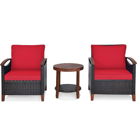 Juego de muebles de patio de ratán de 3 piezas con cojines lavables y tablero de mesa de madera de acacia