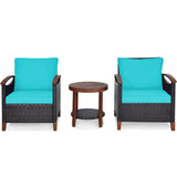 Juego de muebles de patio de ratán de 3 piezas con cojines lavables y tablero de mesa de madera de acacia