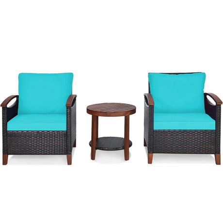 Juego de muebles de patio de ratán de 3 piezas con cojines lavables y tablero de mesa de madera de acacia