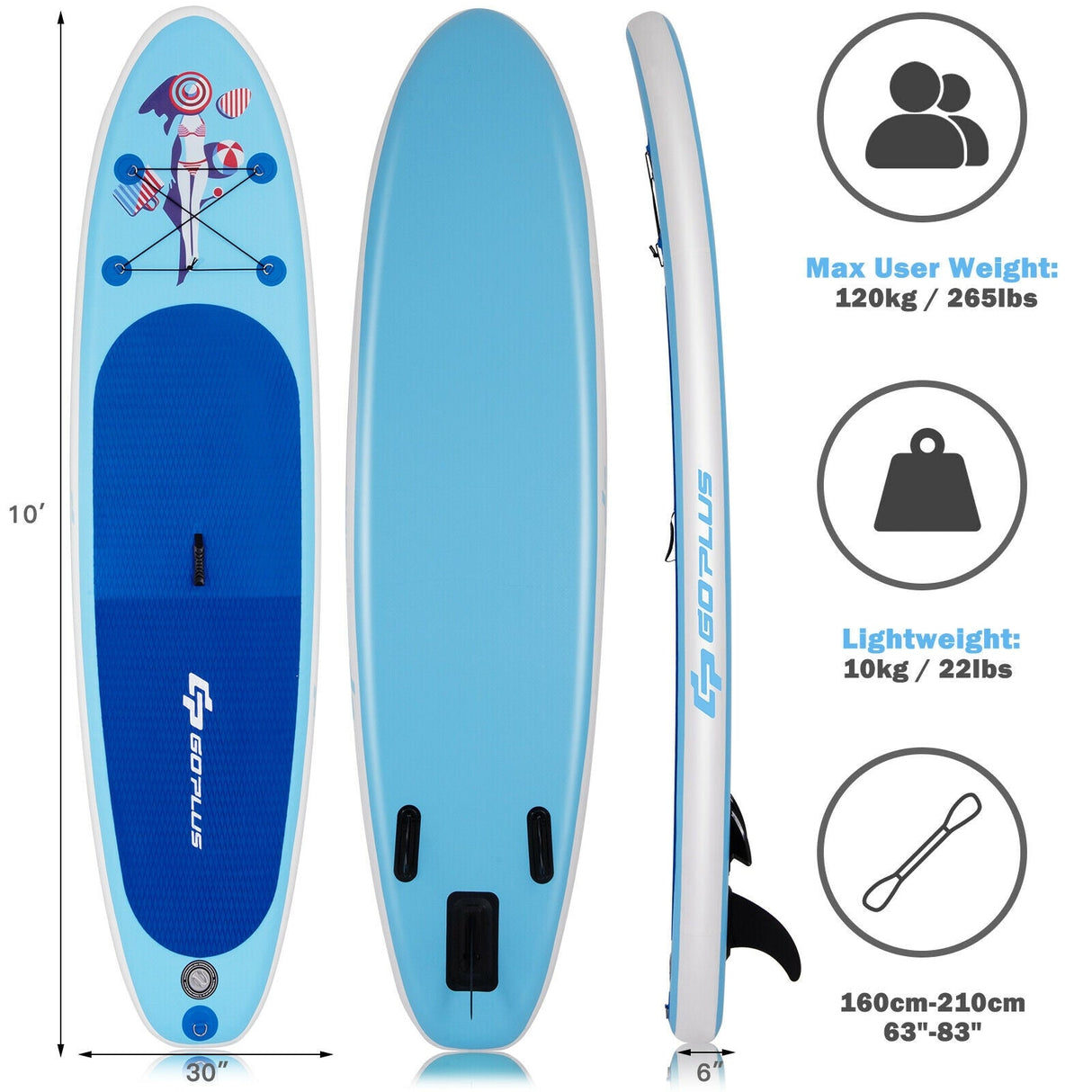 Tabla de paddle surf inflable de 10 pies con remo y bomba ajustables