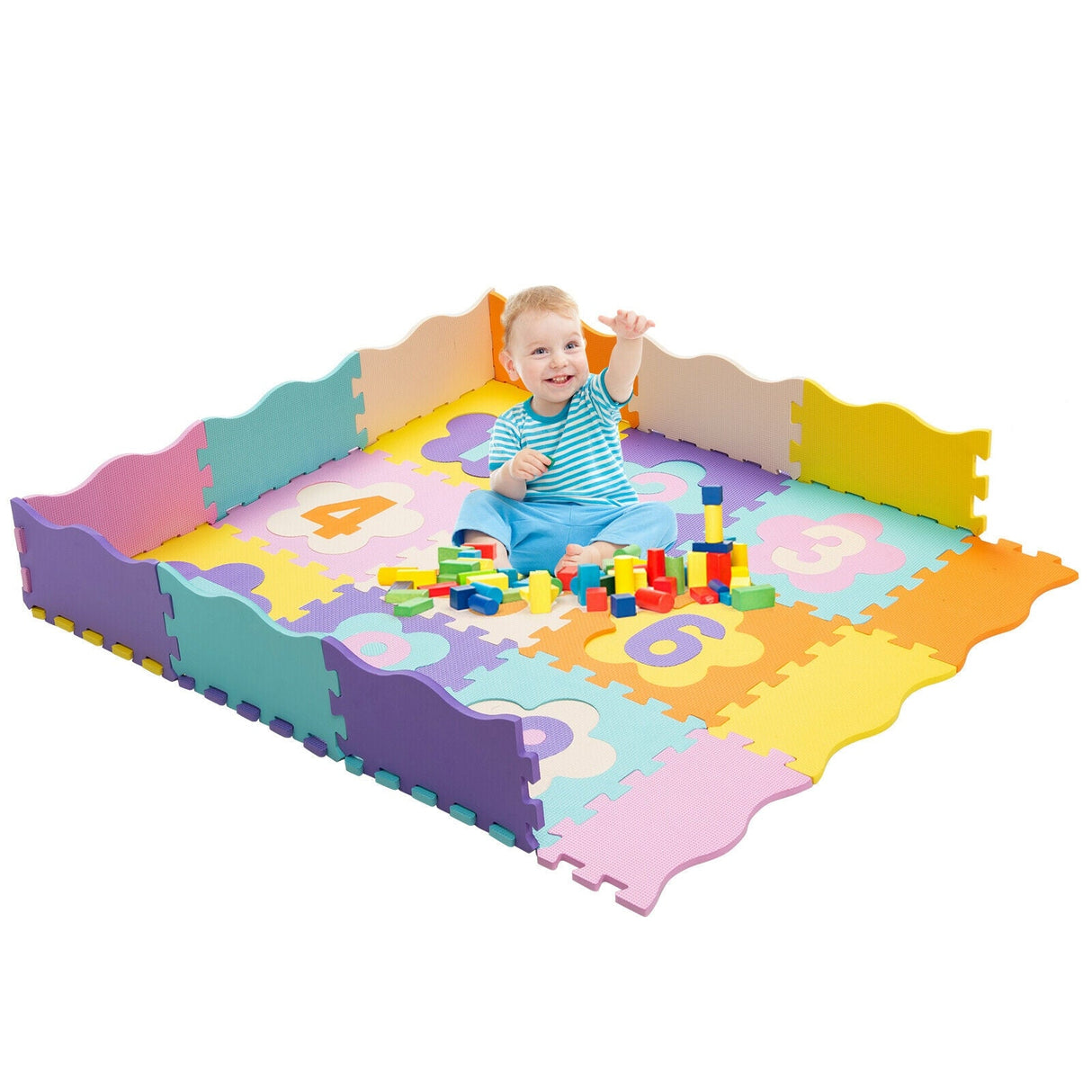 Alfombra de Juego Entrelazada de Espuma para Bebés de 75 Piezas con Valla y Números Desmontables
