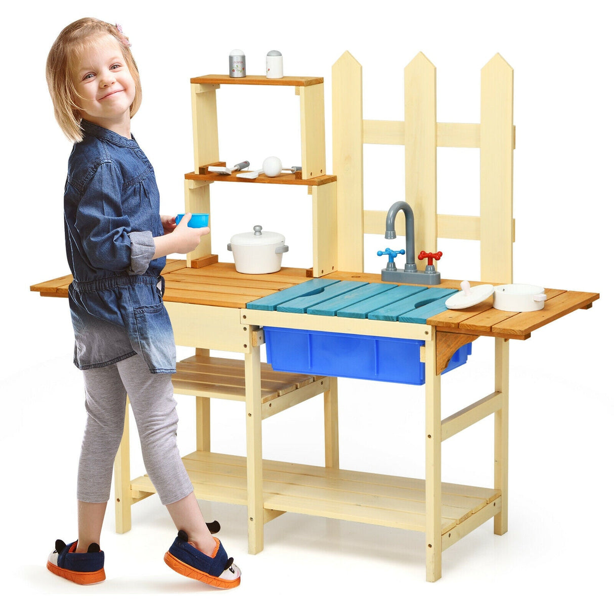 Juego de cocina de juguete de madera para niños al aire libre