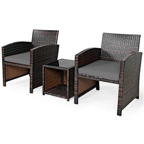 Juego de 3 Muebles de Ratán PE de Mimbre con Cojín Sofá y Mesa de Café para Jardín