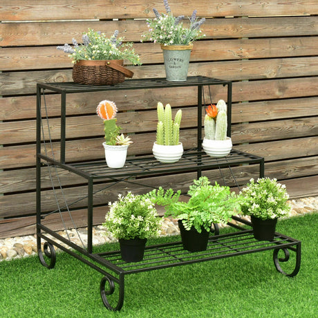Estante metálico de 3 niveles para macetas de jardín para exteriores