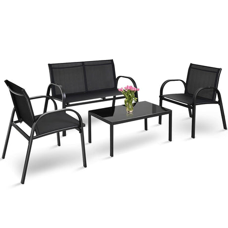 Juego de Muebles de Patio de 4 Piezas con Mesa de Centro con Cubierta de Vidrio