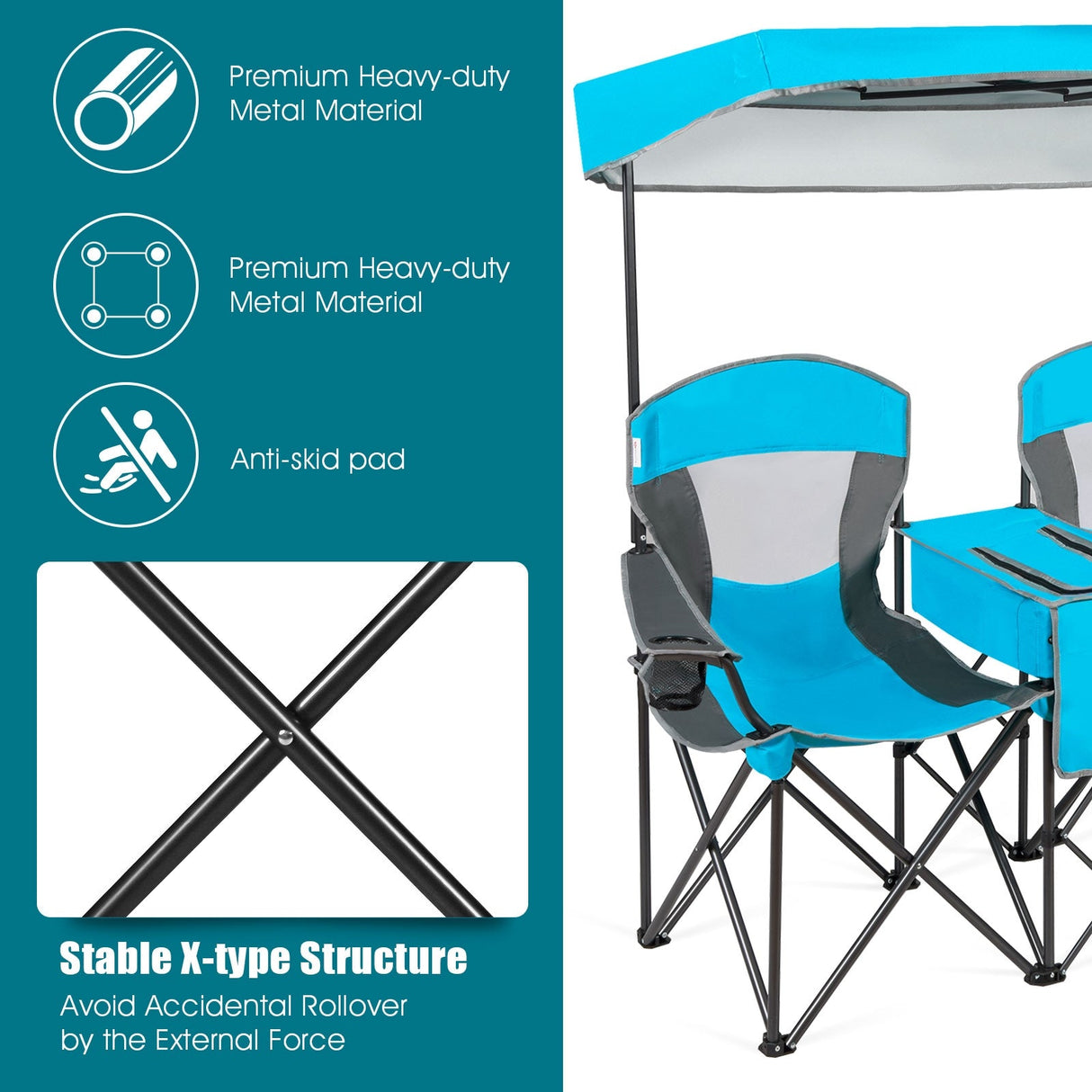 Sillas portátiles de camping plegables con dosel y portavasos