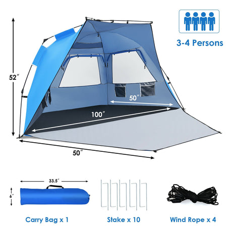 Carpa de playa desplegable fácil para 3-4 personas UPF 50+ Refugio solar portátil