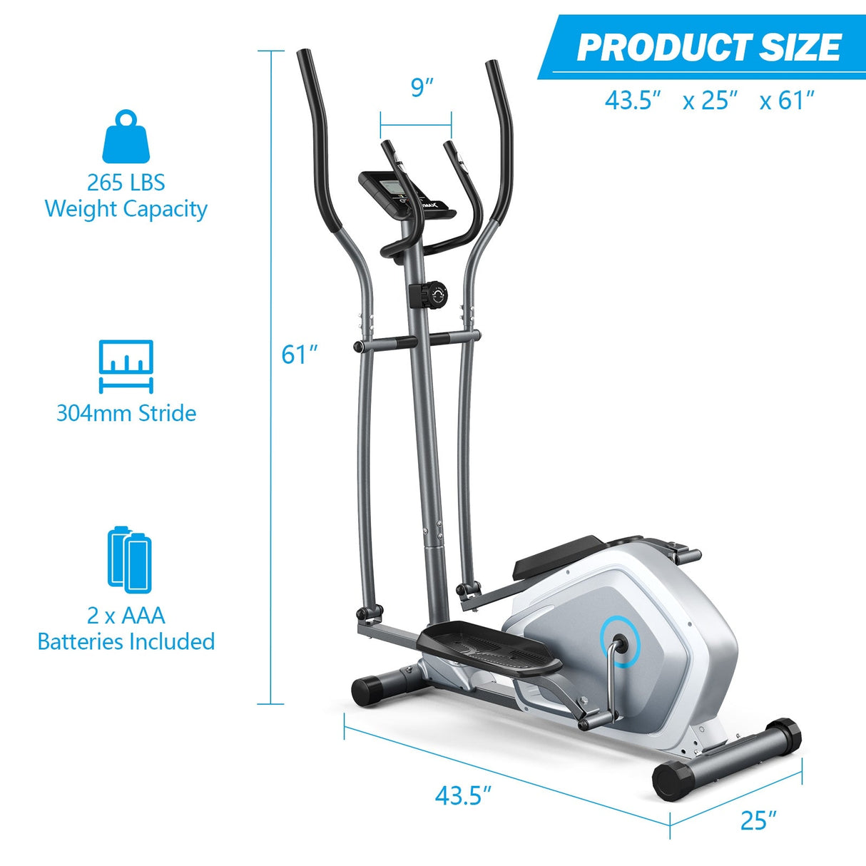 Bicicleta elíptica magnética con monitor LCD y sensor de pulso