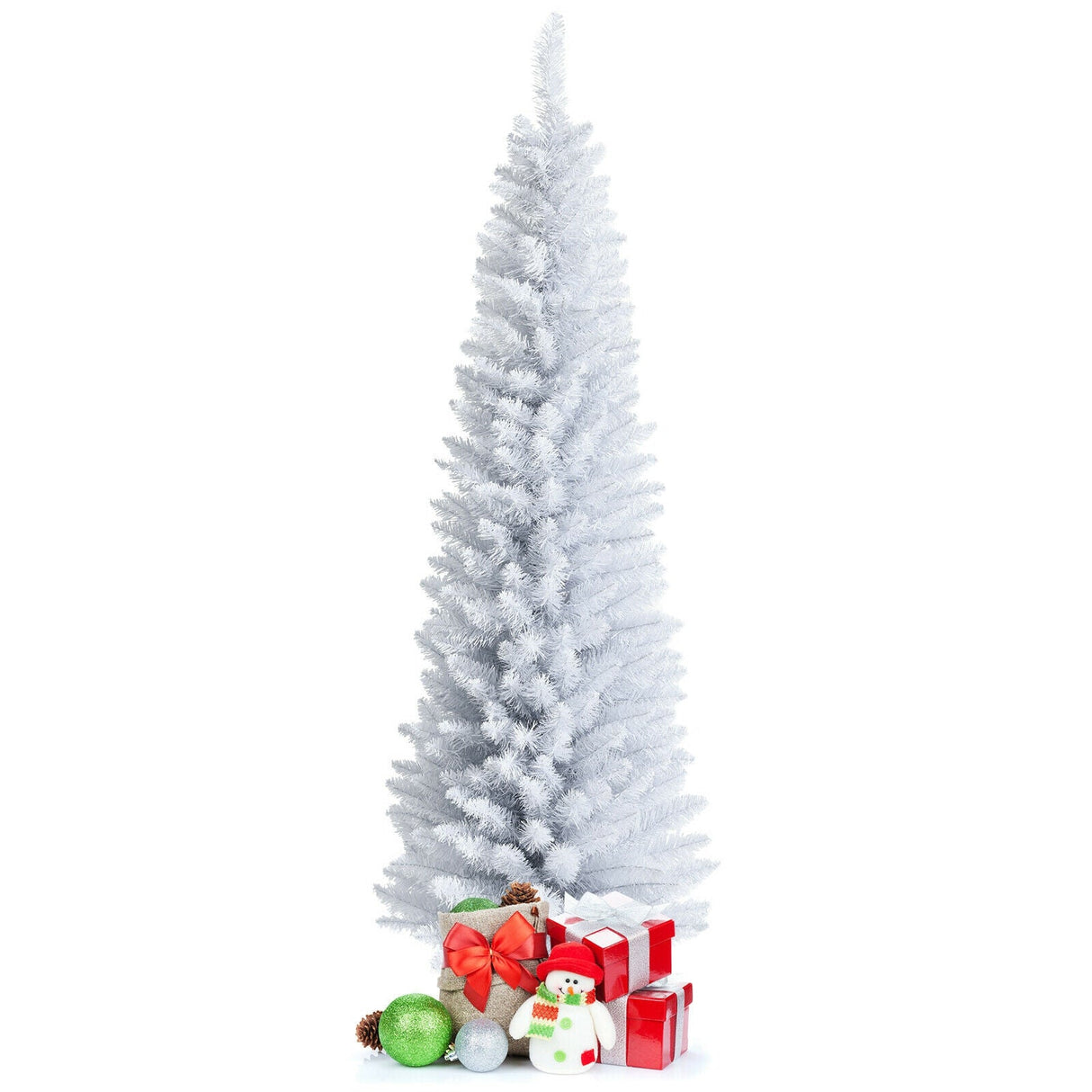 Árbol de Navidad artificial delgado tipo lápiz sin luces de 1,8 m con soporte metálico