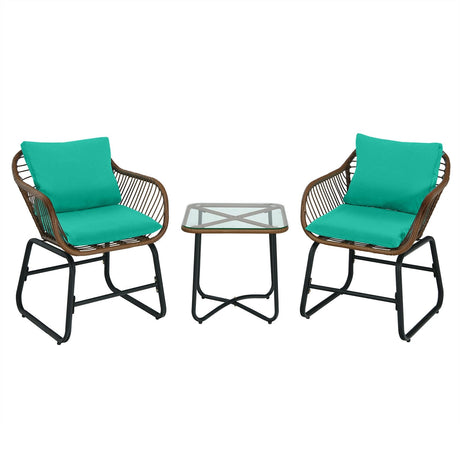 Juego de bistro de ratán para patio de 3 piezas con sillas acolchadas y mesa de cristal