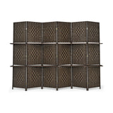 6 Panel Folding Weave Fiber Room Divider with 2 Display Shelves