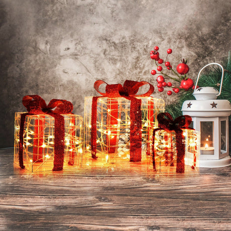 3 Cajas de regalo iluminadas de Navidad con 60 luces LED para interiores y exteriores