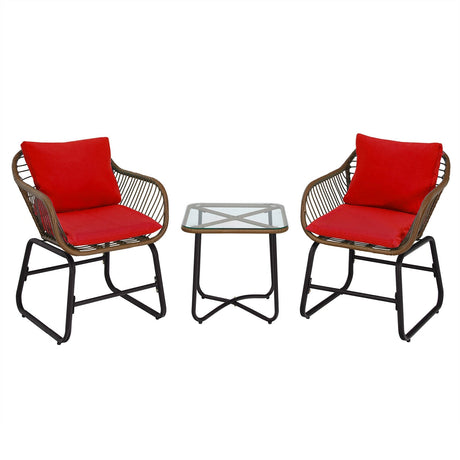 Juego de bistro de ratán para patio de 3 piezas con sillas acolchadas y mesa de cristal