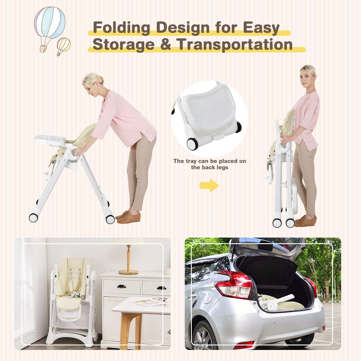 Baby Convertible Folding Adjustable High Chair with Wheel Tray Storage Basket