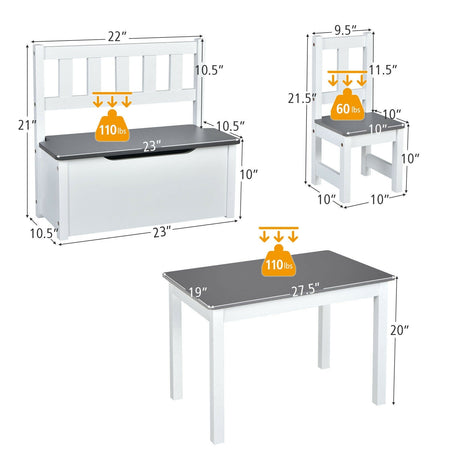 4 Pieces Kids Wooden Activity Table and Chairs Set with Storage Bench and Study Desk