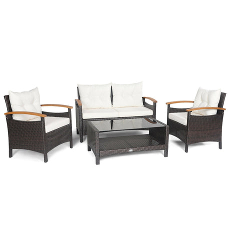 Juego de muebles de patio de ratán de 4 piezas con sofá acolchado y mesa de almacenamiento