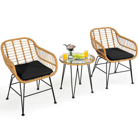 Juego de 3 Muebles de Ratán con Mesa y Sillas Acolchadas