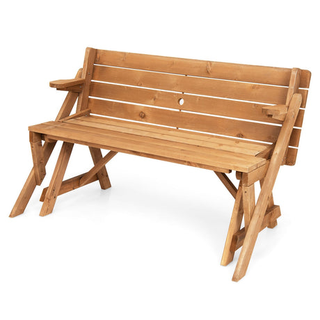 Mesa de picnic de madera transformable 2 en 1 intercambiable con orificio para sombrilla - Marrón oscuro