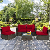 Juego de muebles de patio de ratán acolchados de 5 piezas con mesa de cristal