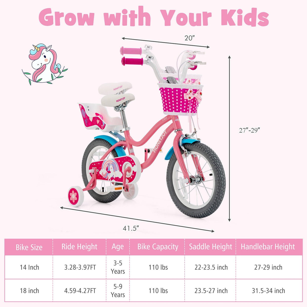 Bicicleta infantil de 16 pulgadas con ruedas de entrenamiento y cesta de almacenamiento