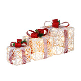 Set de 3 decoraciones de cajas de regalo navideñas iluminadas con lazos rojos