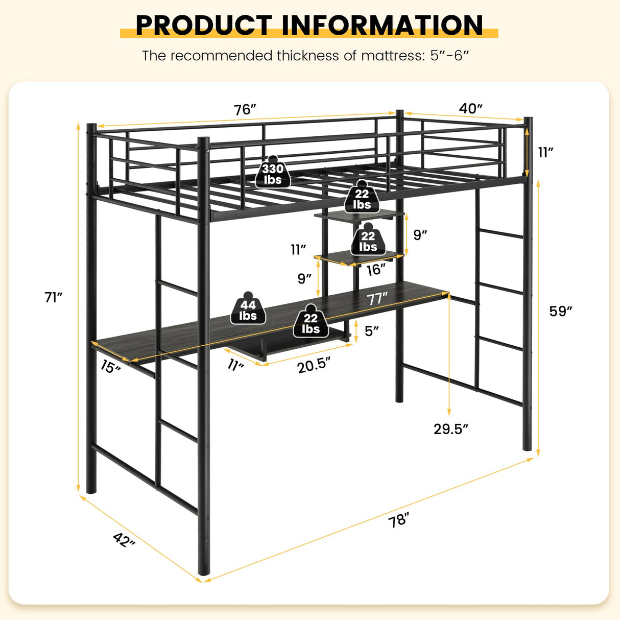 Litera alta individual con escritorio, estante de almacenamiento y escaleras de cuerpo entero-Negro