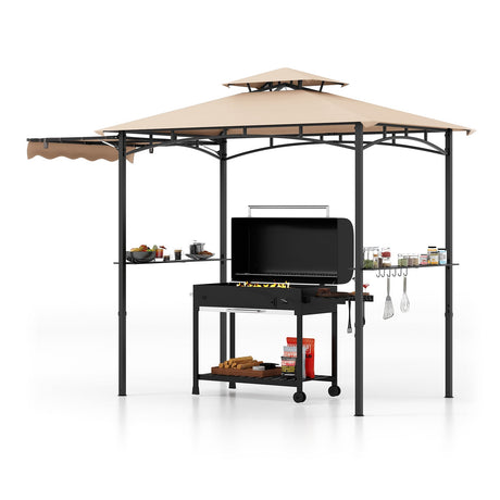 Cenador para parrilla de 3.35 x 1.52 m (11 x 5 pies) con toldo lateral y techo de doble nivel