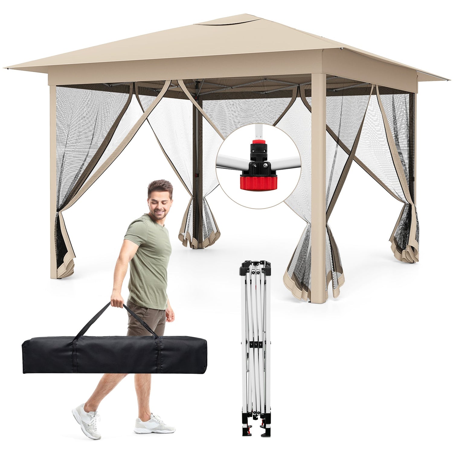 Carpa plegable de 11.5 x 11.5 pies con malla mosquitera, de armado instantáneo por una sola persona