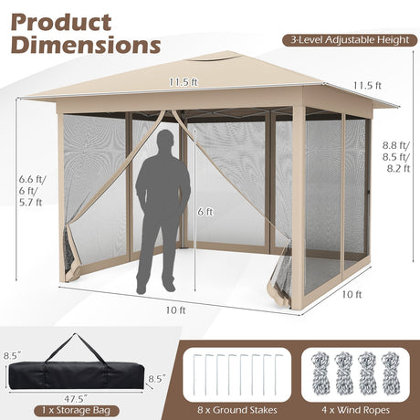 Carpa plegable de 11.5 x 11.5 pies con malla mosquitera, de armado instantáneo por una sola persona
