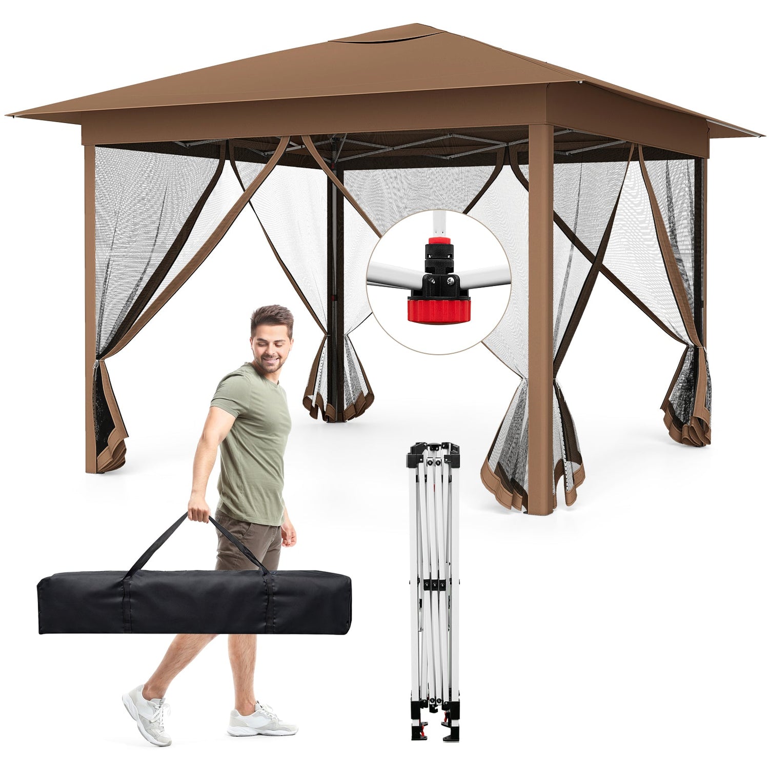 Carpa plegable de 11.5 x 11.5 pies con malla mosquitera, de armado instantáneo por una sola persona