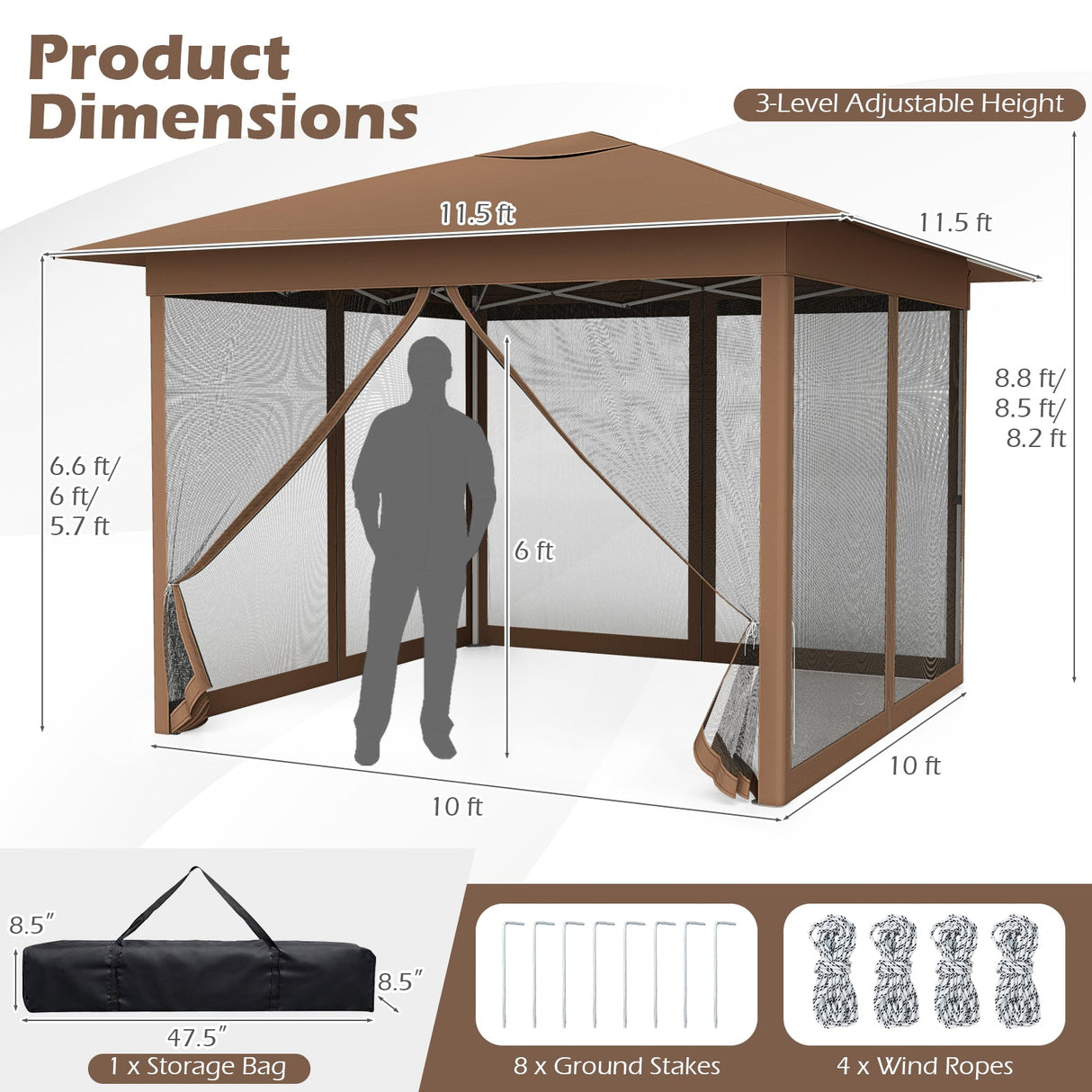 Carpa plegable de 11.5 x 11.5 pies con malla mosquitera, de armado instantáneo por una sola persona