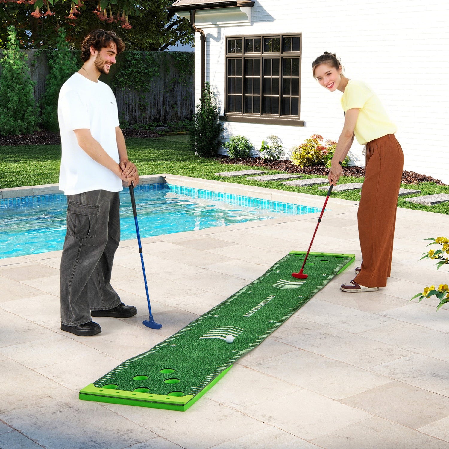 Alfombrilla de golf de 11 pies con 2 putters ajustables y 6 pelotas