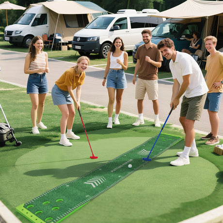 Alfombrilla de golf de 11 pies con 2 putters ajustables y 6 pelotas