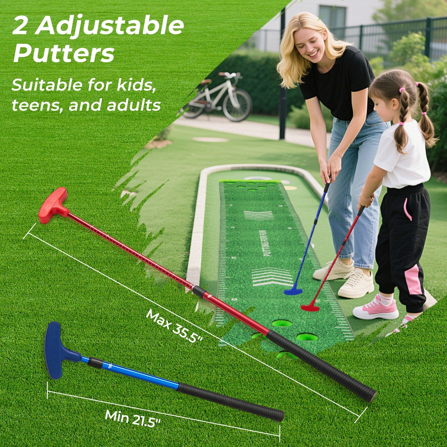 Alfombrilla de golf de 11 pies con 2 putters ajustables y 6 pelotas