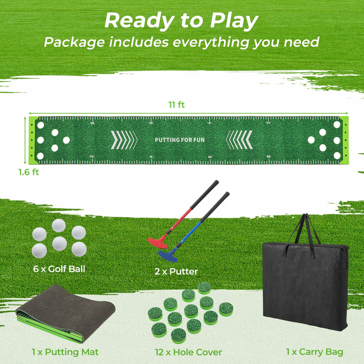 Alfombrilla de golf de 11 pies con 2 putters ajustables y 6 pelotas