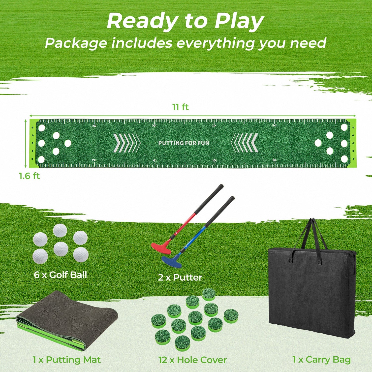 Alfombrilla de golf de 11 pies con 2 putters ajustables y 6 pelotas