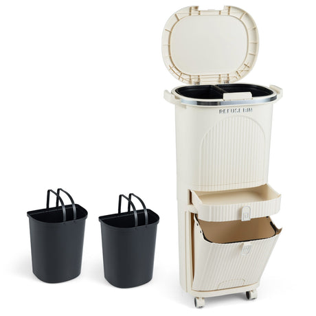 Cubo de basura de cocina de 11 galones y 3 capas con tapa y 2 cubos extraíbles - Beige
