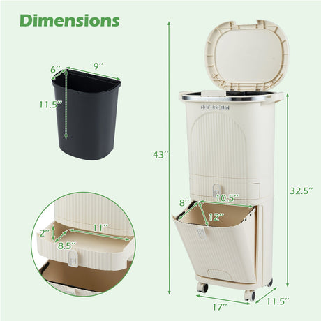 Cubo de basura de cocina de 11 galones y 3 capas con tapa y 2 cubos extraíbles - Beige