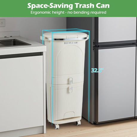 Cubo de basura de cocina de 11 galones y 3 capas con tapa y 2 cubos extraíbles - Beige