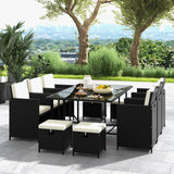 Juego de comedor de patio de 11 piezas, sillas de mimbre y mesa de vidrio templado con cojines impermeables - Negro y blanco