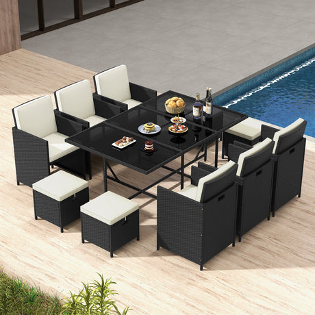 Juego de comedor de patio de 11 piezas, sillas de mimbre y mesa de vidrio templado con cojines impermeables - Negro y blanco