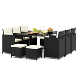 Juego de comedor de patio de 11 piezas, sillas de mimbre y mesa de vidrio templado con cojines impermeables - Negro y blanco