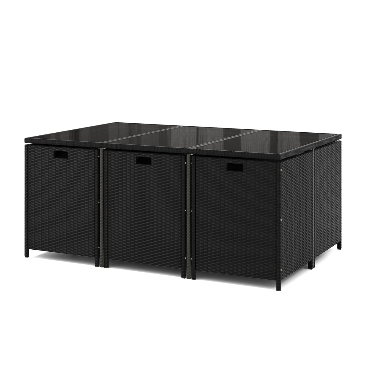 Juego de comedor de patio de 11 piezas, sillas de mimbre y mesa de vidrio templado con cojines impermeables - Negro y blanco