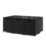 Juego de comedor de patio de 11 piezas, sillas de mimbre y mesa de vidrio templado con cojines impermeables - Negro y blanco
