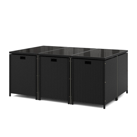 Juego de comedor de patio de 11 piezas, sillas de mimbre y mesa de vidrio templado con cojines impermeables - Negro y blanco