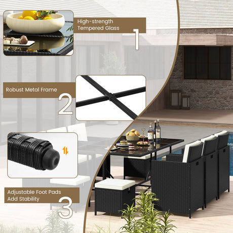 Juego de comedor de patio de 11 piezas, sillas de mimbre y mesa de vidrio templado con cojines impermeables - Negro y blanco